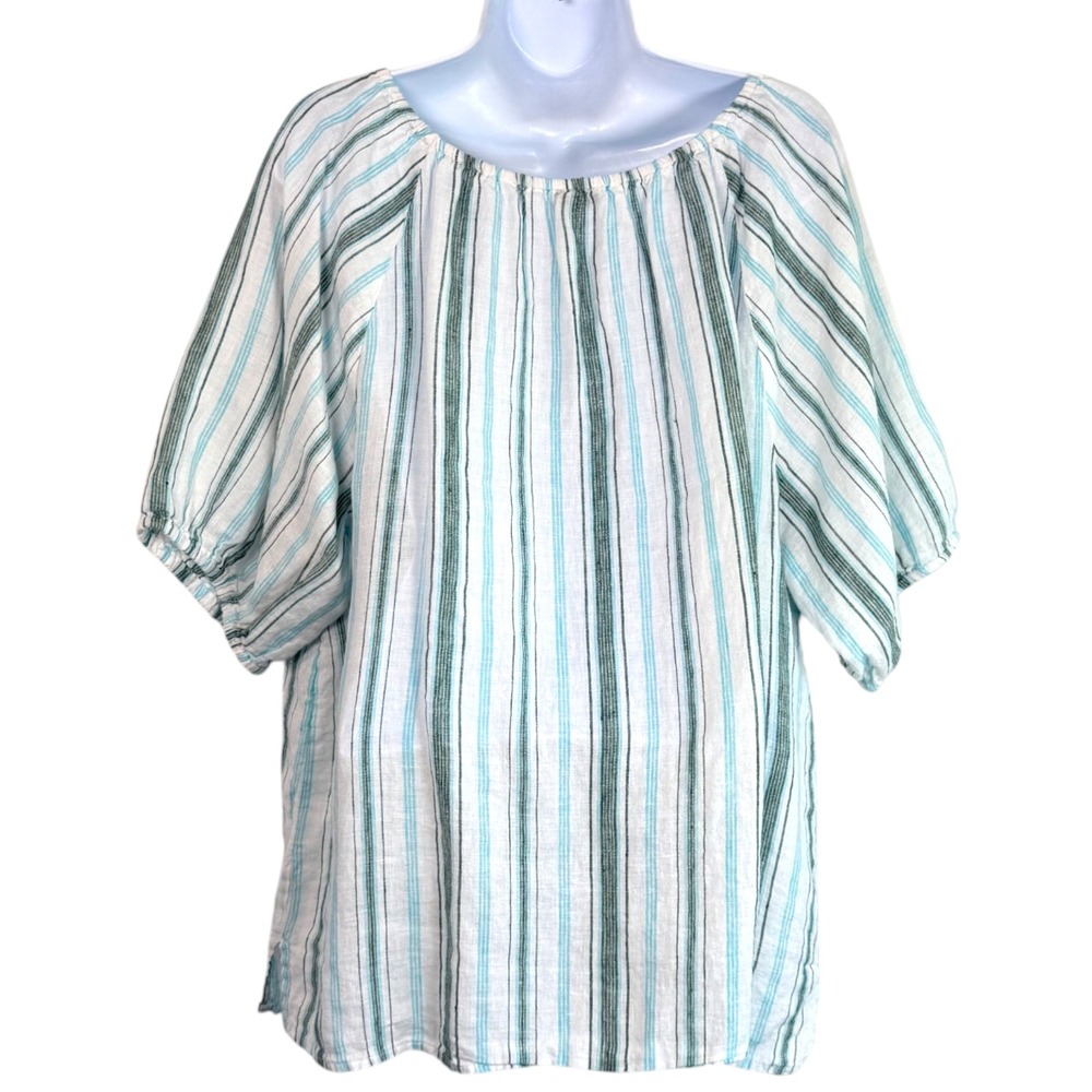 Talbots Striped Linen Peasant Blouse Sz XL White Blue Green Boho Coastal Breezy - Picture 4 of 7
